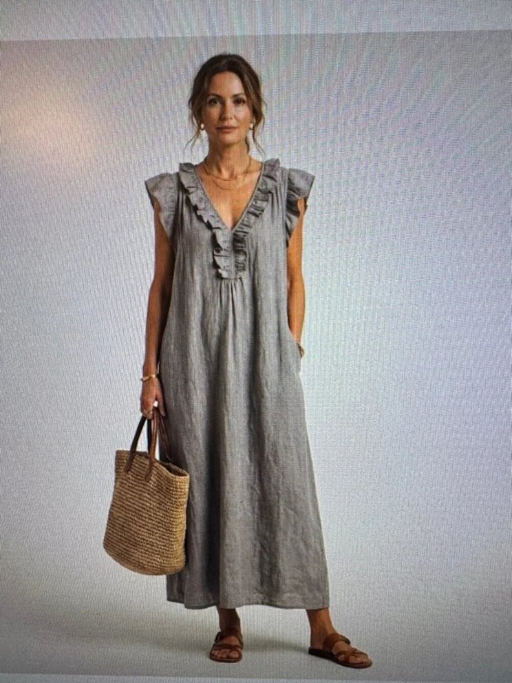 Sleeveless Ruffle V-Neck Maxi Dress in Gray